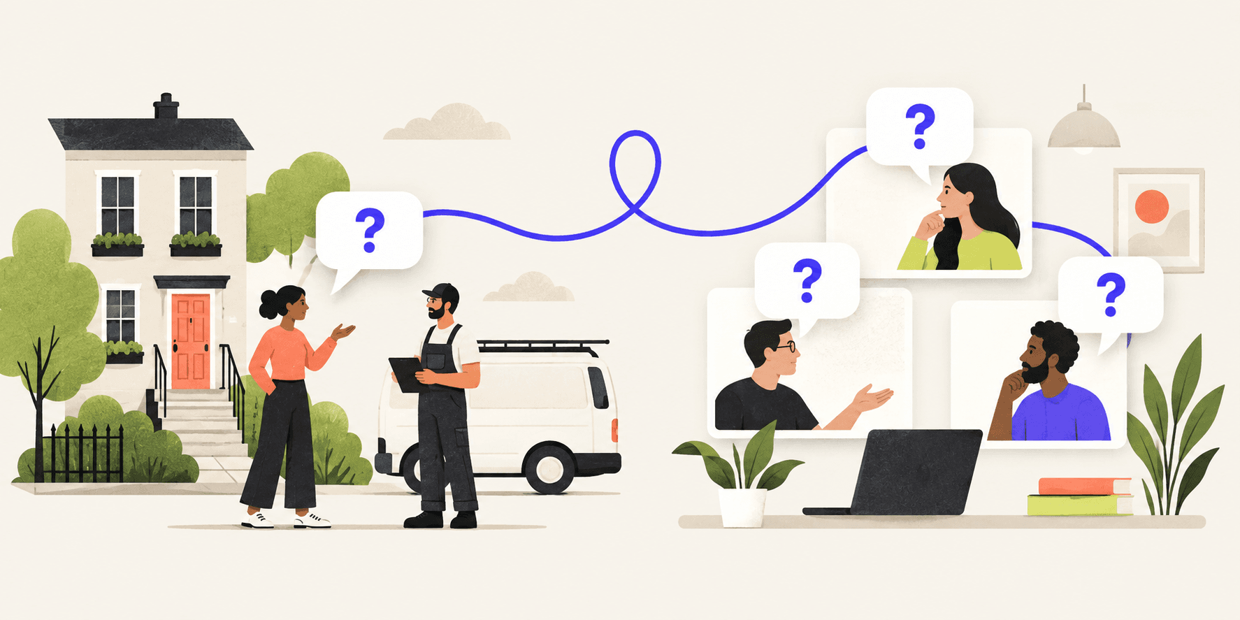 A local service conversation and a national software buying conversation connected by a thread.